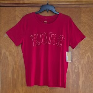 MICHAEL Michael Kors Women's Gold  Studded Logo Red Tee, size L